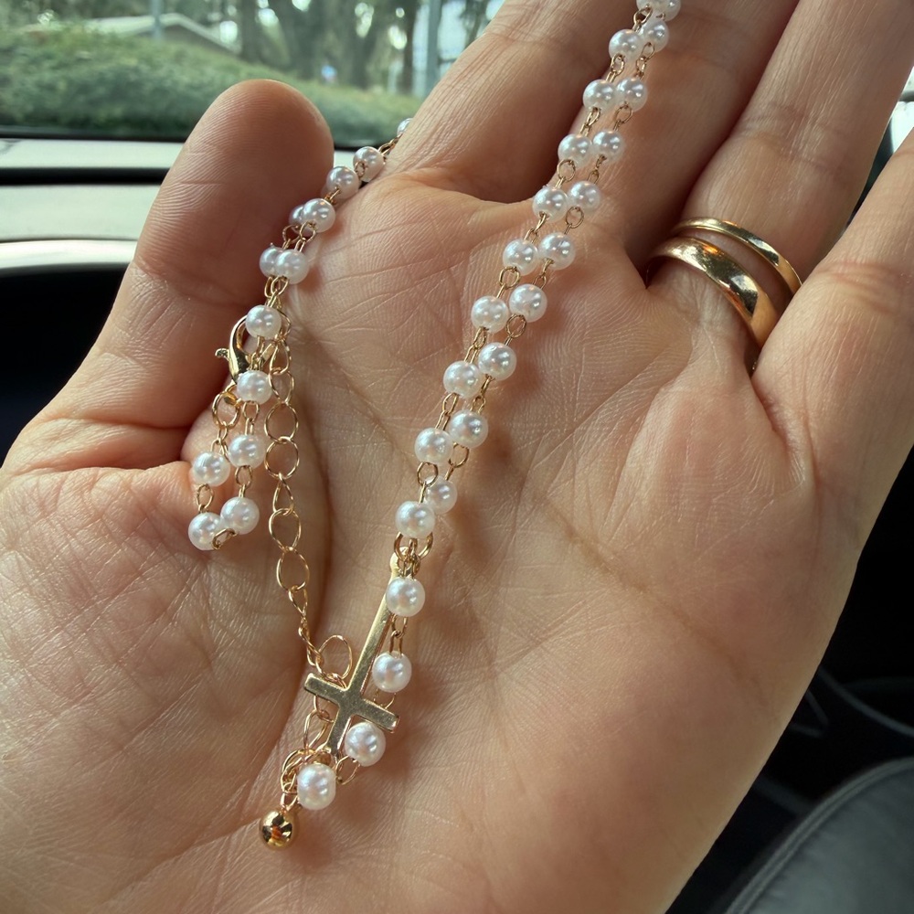 Delicate Pearl Cross Necklace Faith Christian Necklace - Picture 3 of 4
